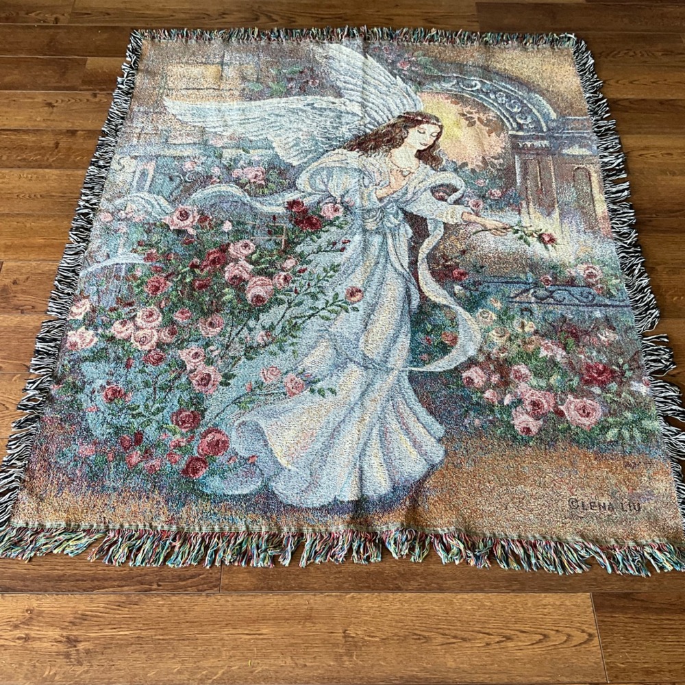 Lena Liu Woven Tapestry Throw Blanket Angel Garden Roses Fringed USA Cottagecore